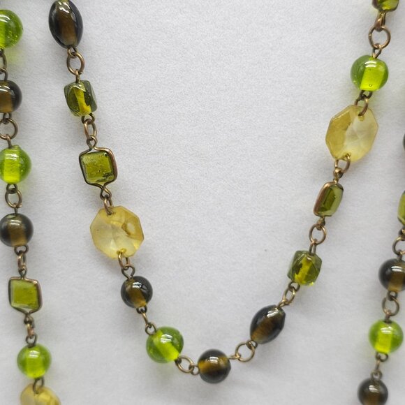 Green Brown Glass Bead Long Necklace With Bronze Chain And Lobster Clasp - Picture 3 of 6